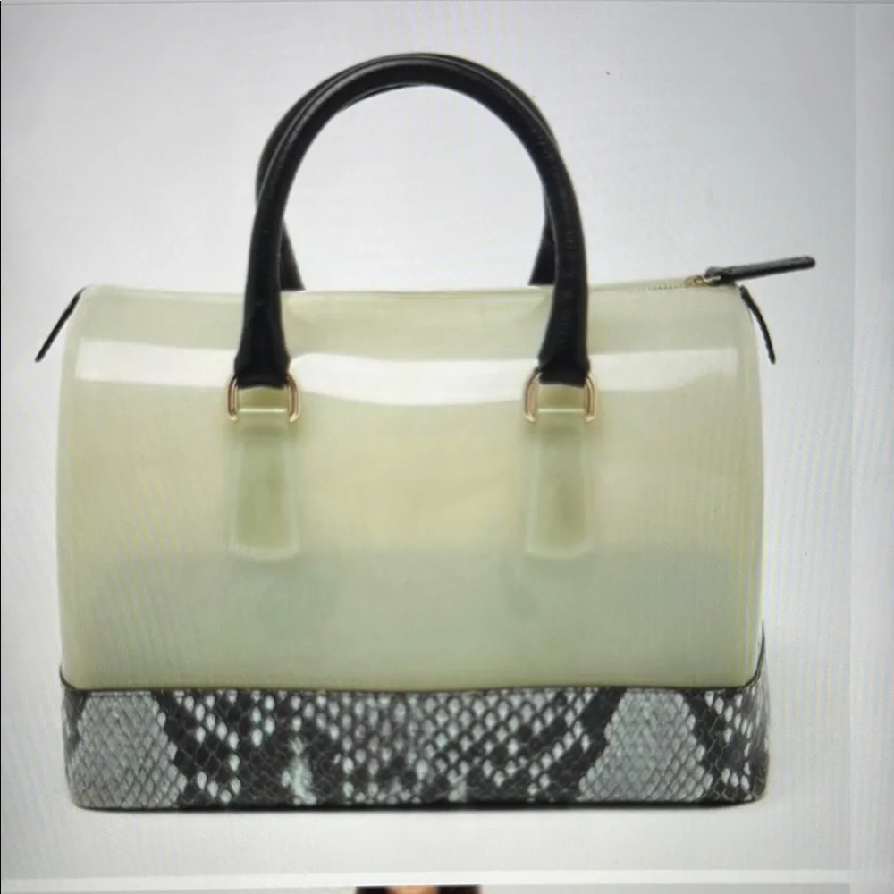 FURLA CANDY CANDY PYTHON PRINT Elegant Cream and Black Handbag EUC - Picture 1 of 5